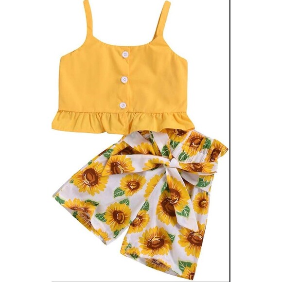 Girl's outfit Sleeveless Toddler Top+ Sunflower Ruffle shorts yellow size XS 5-6 - Picture 2 of 12